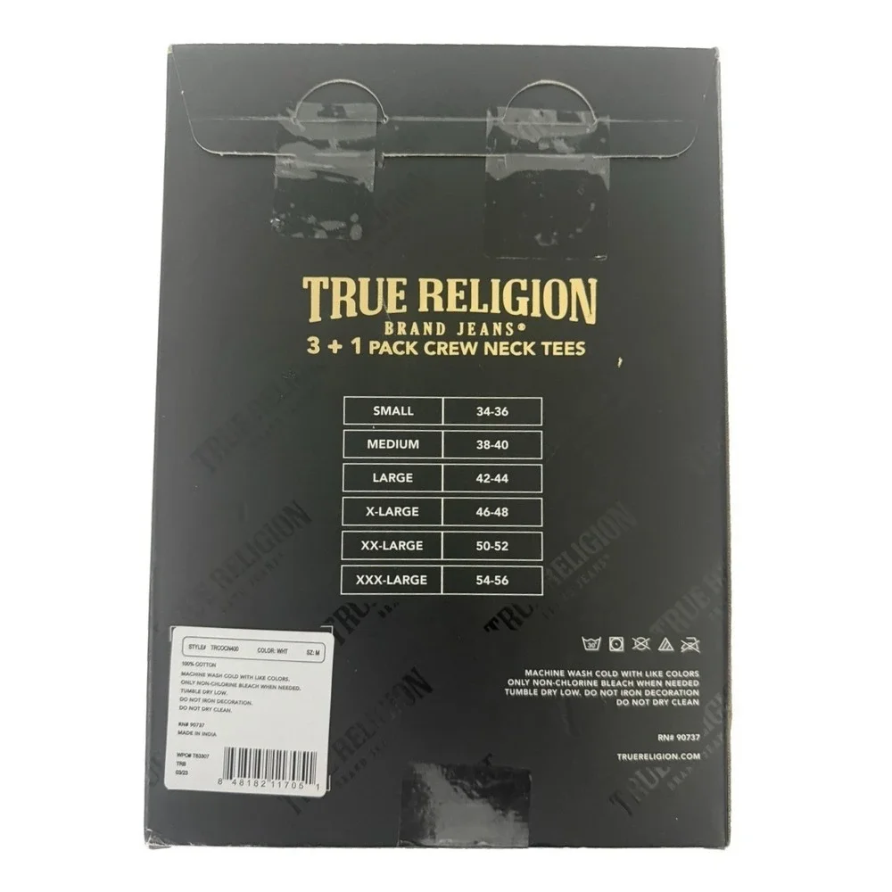 True Religion Men's White Crew Neck Tee Shirts 4 Pack 100% Cotton Size Large New